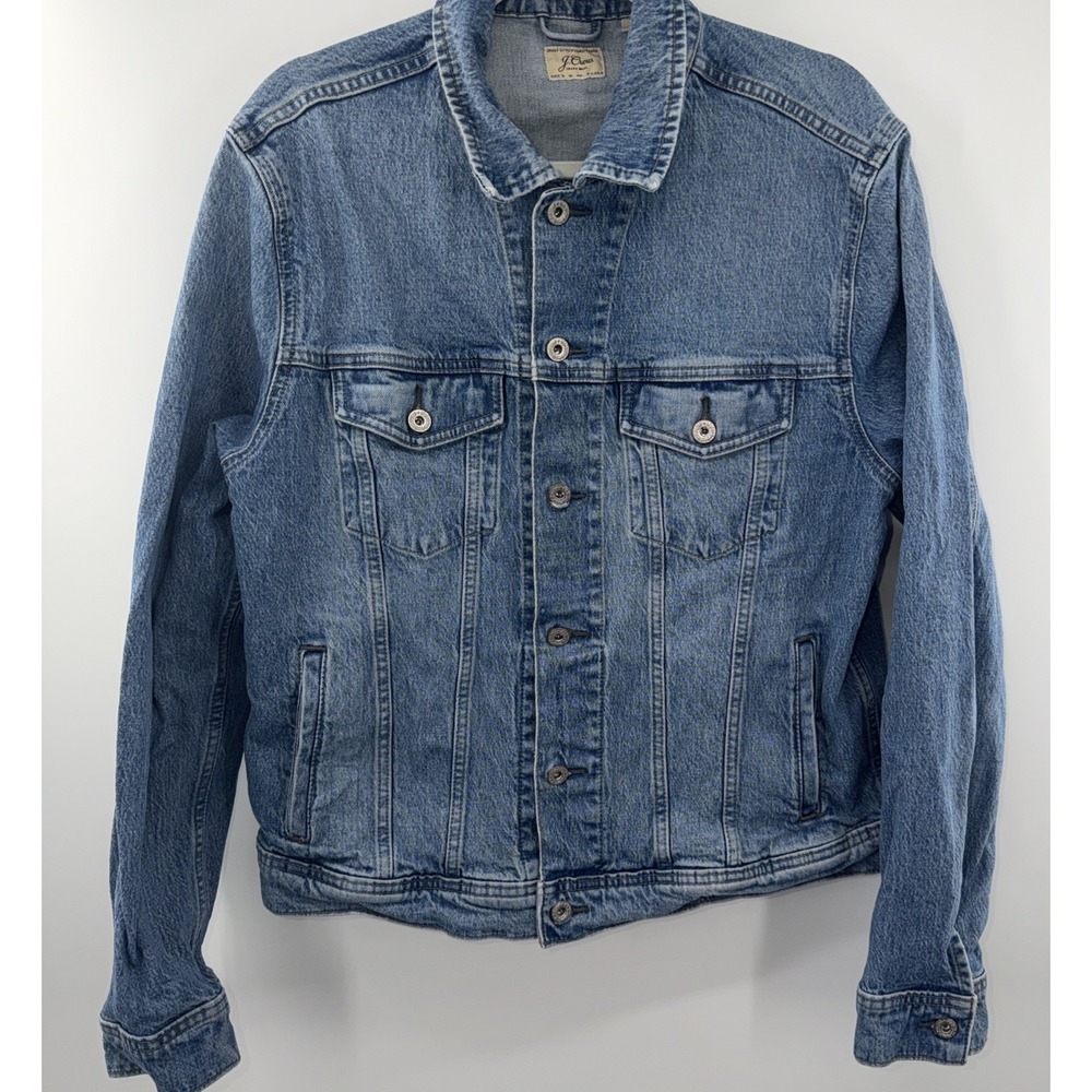 J. Crew Denim Jacket Blue Medium Wash Collared Buttons Womens M Distressed‎